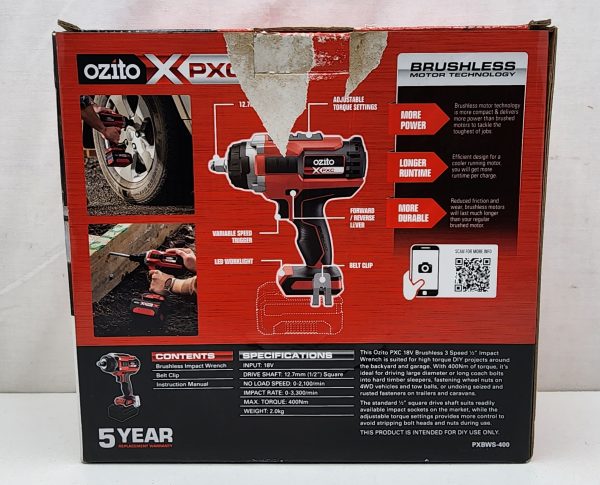 Ozito PXC 18V Brushless 3-Speed 1/2 Impact Wrench - IP340977 - Image 2