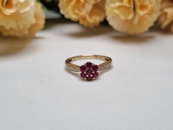 10ct Yellow Gold Diamond and Red Stone Cluster Ring TW341246 - Image 2