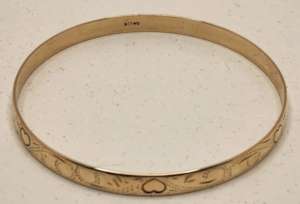 9CT Yellow Gold Ladies Bangle Engraved Heart Design IP347329 - Image 5