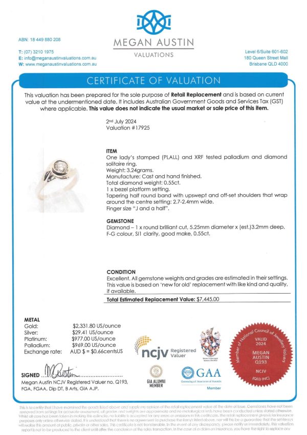 ***VALUATED*** Ladies White Palladium Solitaire Diamond ring #GN308738 - Image 12