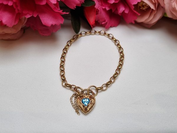 9ct Yellow Gold Blue Stone Heart Locket Bracelet TW315344