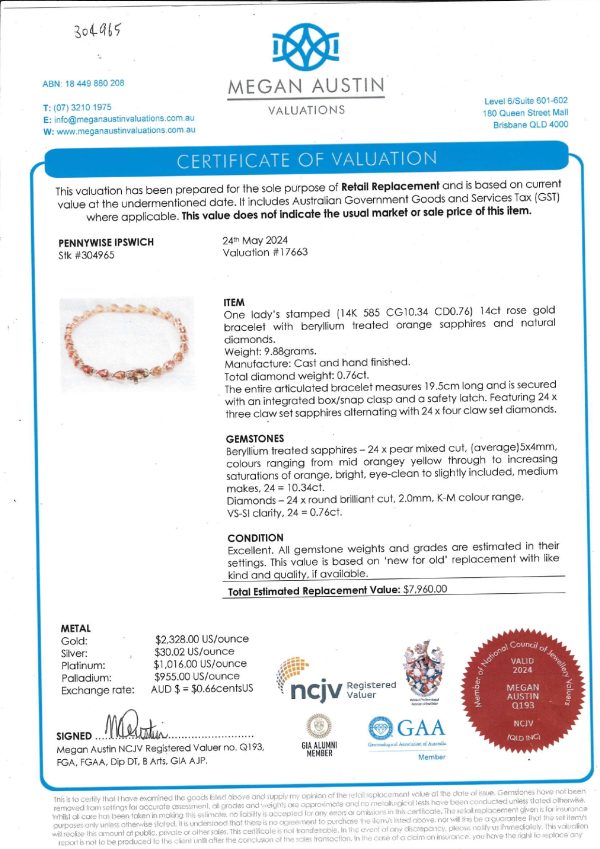Ladies 14CT Rose Gold Bracelet with Orange Sapphires and Diamonds - IP304965 - Image 2