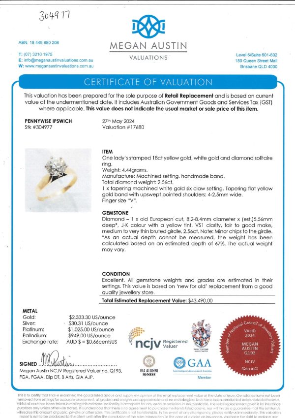 Valuated 18CT Yellow Gold 2.56CT Solitaire Diamond - IP304977 - Image 16