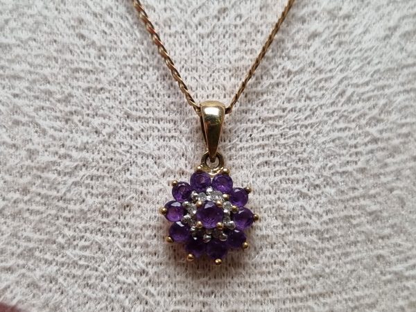 9ct Yellow Gold Necklace with Purple Stone Flower Pendant TW356955 - Image 2