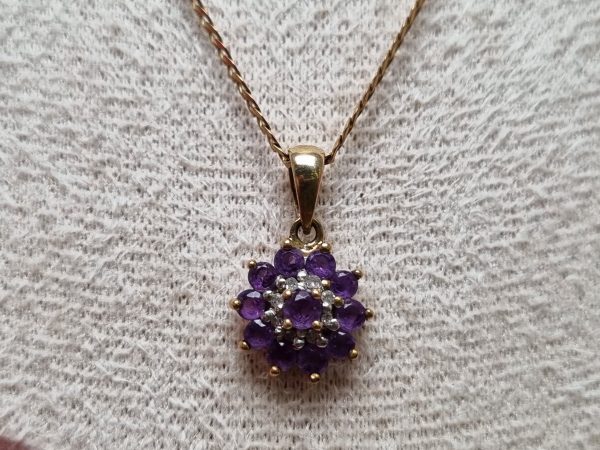 9ct Yellow Gold Necklace with Purple Stone Flower Pendant TW356955 - Image 6