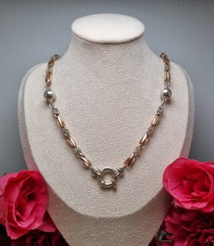 9ct Rose Gold and Silver Barrel Link Necklace TW359982