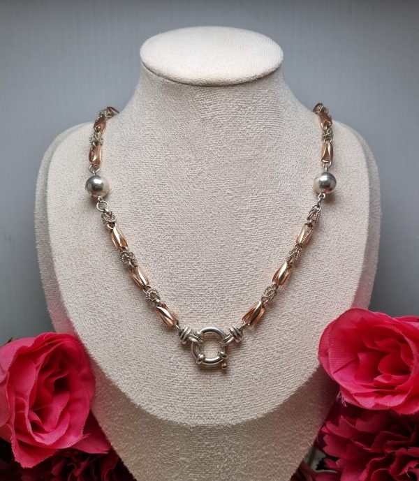 9ct Rose Gold and Silver Barrel Link Necklace TW359982 - Image 4
