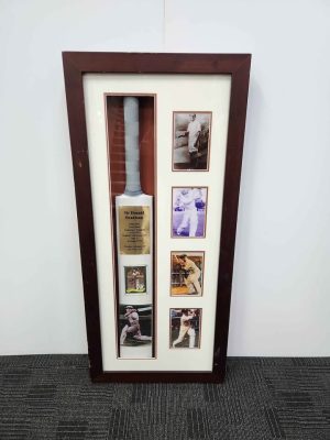 Sir Don Bradman Framed Signed Weetbix Card with Cricket Bat - BP376554