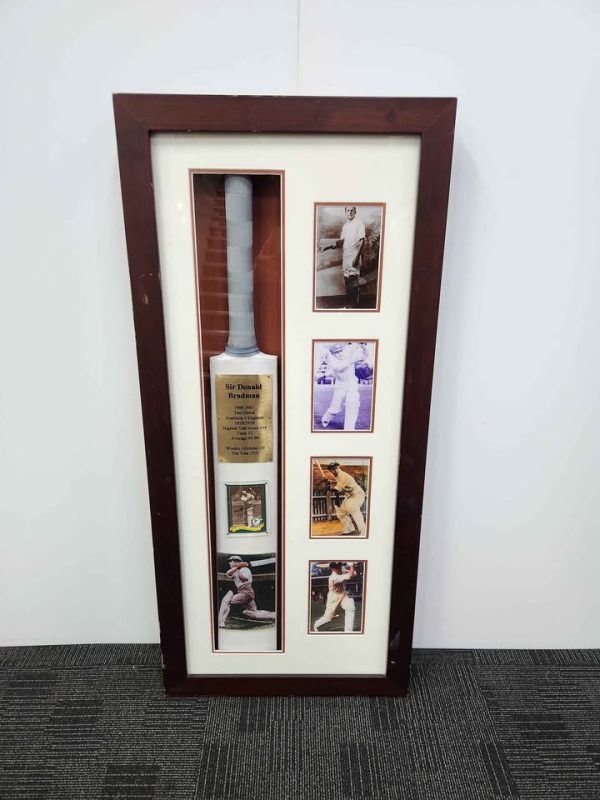 Sir Don Bradman Framed Signed Weetbix Card with Cricket Bat - BP376554