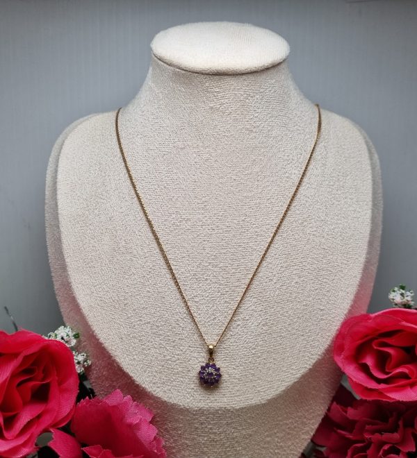 9ct Yellow Gold Necklace with Purple Stone Flower Pendant TW356955 - Image 5