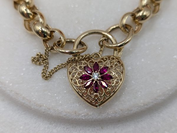Ladies 9CT Yellow Gold Belcher and Red Stone Heart Locket Bracelet (23.99gms) - BP336070 - Image 2