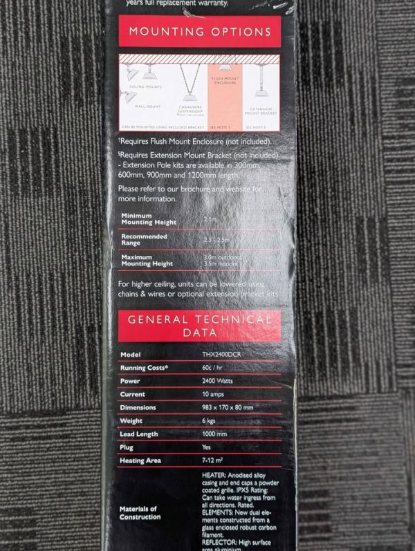 Sealed Heatstrip 2400W Outdoor Electric Infra-Red Max DCR Heater (THX2400DCR) - BP381008 - Image 3