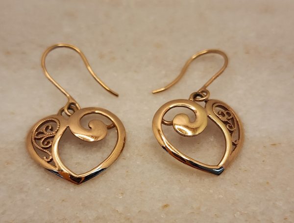 Ladies 9ct Rose Gold Heart Dangle Earrings - IP384757 - Image 5