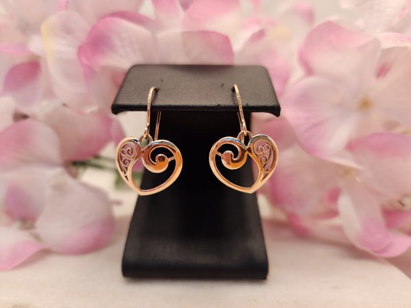 Ladies 9ct Rose Gold Heart Dangle Earrings - IP384757