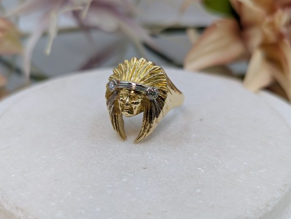 Valuated Men's 18CT Yellow Gold American Indian Chief Head Diamond Ring (21.92gms) - BP357980