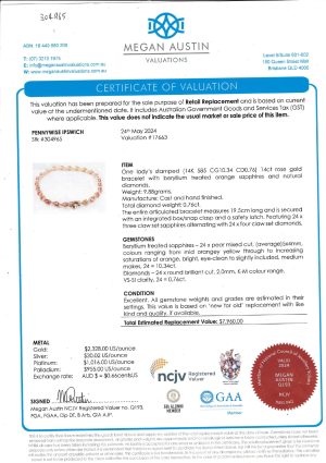 Valuated Ladies 14CT Rose Gold Bracelet with Orange Sapphire and Diamonds - IP304965