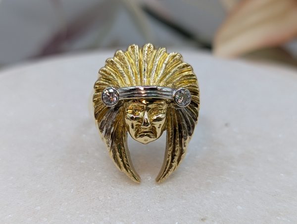 Valuated Men's 18CT Yellow Gold American Indian Chief Head Diamond Ring (21.92gms) - BP357980 - Image 2