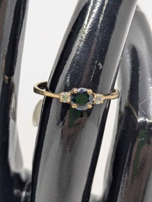 Ladies 9ct Gold Three Stone Ring with Faux Sapphire & Cubic Zirconias - BL371915