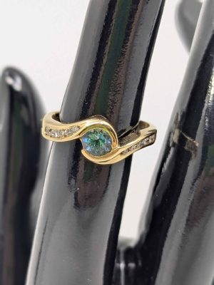 Ladies 18ct Gold Ring with Faux Blue Zircon & Diamonds - BL390596