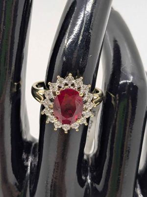 Ladies 9ct Gold Created Ruby & Diamond Cluster Cocktail Ring - BL422250