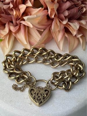9ct yellow gold double curb bracelet with heart lock #GN428618