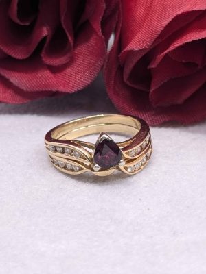 Ladies 14ct Gold Created Ruby Two Ring Set - BL373837