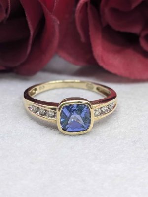 Ladies 9ct Yellow Gold Diamond Ring with Blue Stone - BL416045