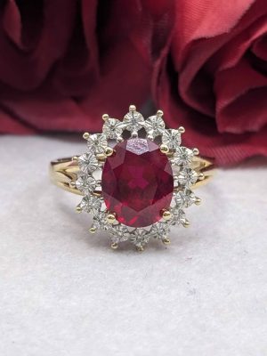 Ladies 9ct Gold Created Ruby & Diamond Cluster Cocktail Ring - BL422250