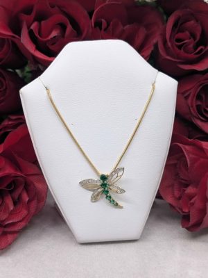 Ladies 9ct Gold Diamond & Faux Emerald DragonFly Pendant - BL430193