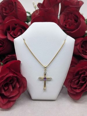 Unisex 9ct Gold Diamond & Faux Amethyst Cross Pendant - BL435193