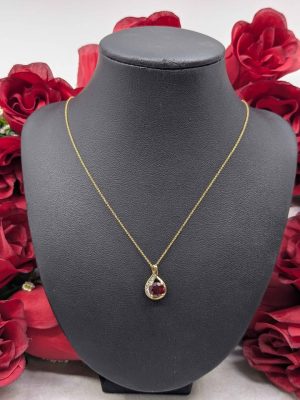 Ladies 9ct Gold Necklace with Faux Ruby Pendant - BL401344