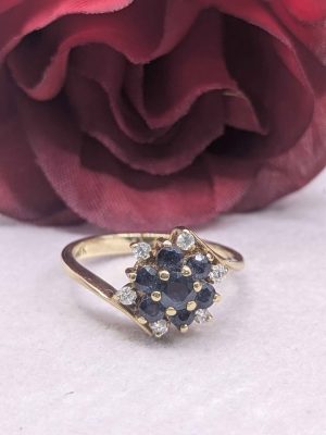 Ladies 9ct Gold Faux Sapphire Halo Floral Cluster Ring - BL391529