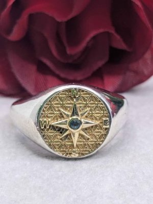 Men's 9ct Yellow Gold & Silver Compass Ring - BL414963