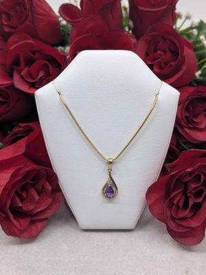 Ladies 9ct Gold Diamond & Faux Amethyst Tear Drop Pendant - BL378027