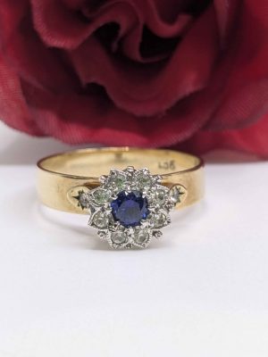 Ladies 9ct Yellow Gold Faux Sapphire Floral Cluster Ring - BL448439